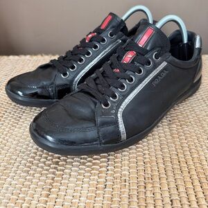 Prada Offshore Black Leather Low-Top Low Profile Lace Up Trainers Shoes Size 8.5